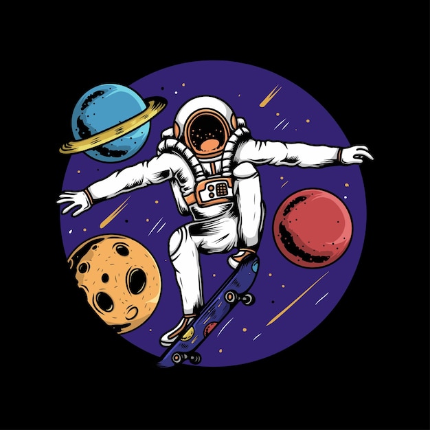 astronaut using skateboard in the space
