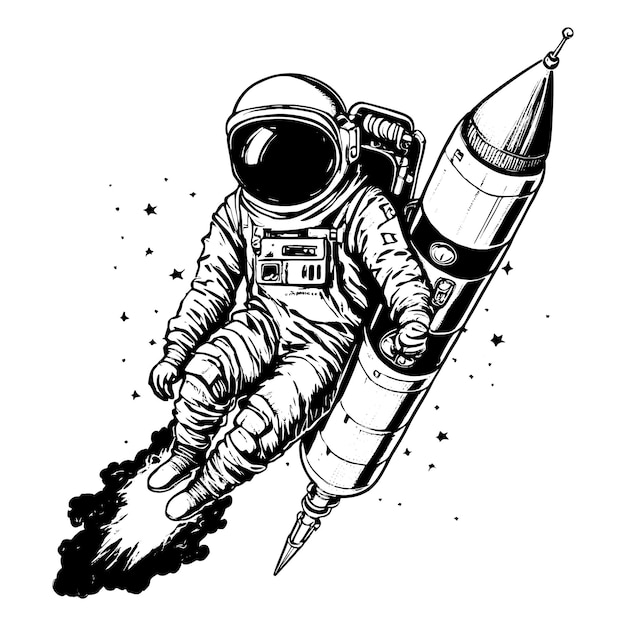 Astronaut vliegen op de raket Hand getrokken schets vectorillustratie