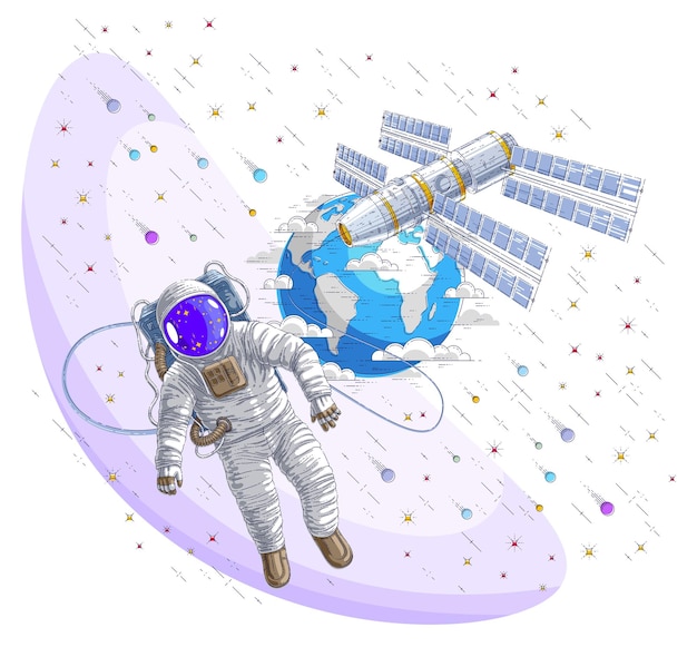 Astronaut vliegt in open ruimte verbonden met ruimtestation, ruimtevaarder zwevend in gewichtloosheid en iss-ruimtevaartuig omringd door onontdekte planeten, sterren en kometen. Vectorillustratie geïsoleerd.