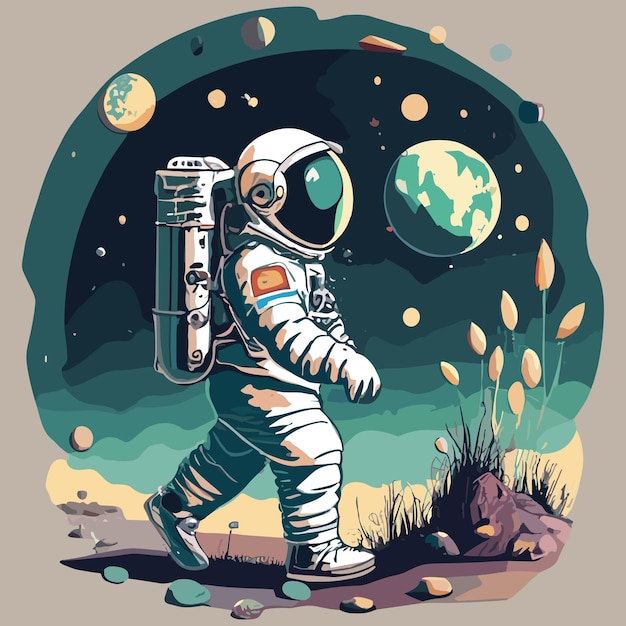 Астронавт идет по Луне на фоне Земли