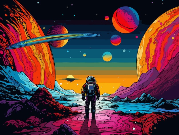 An astronaut walking in space near planets