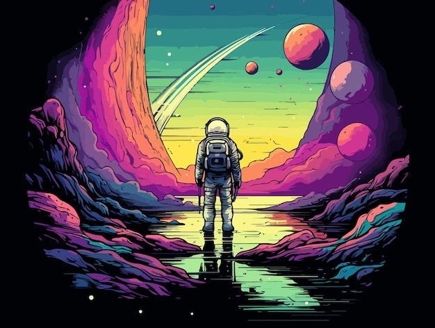 An astronaut walking in space near planets