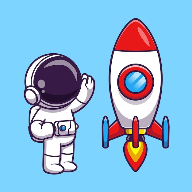 Astronaut waving hand to rocket cartoon vector icon illustration.