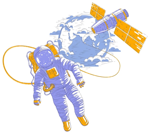 Астронавт вышел в открытый космос, связанный с космической станцией и земной планетой на заднем плане, космонавтом, плавающим в невесомости, и космическим кораблем с солнечными панелями позади него. Вектор.