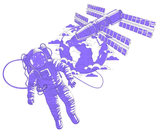 Вектор Астронавт вышел в открытое пространство, соединенное с космической станцией и планетой земля на заднем плане, космонавт плавал в невесомости и космический корабль с солнечными панелями за ним.