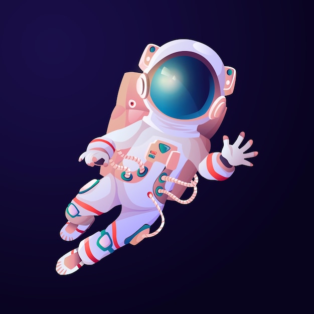 Vector astronaut wetenschappelijke held zwaaiende hand in kosmos vector cartoon astronomie ontdekkingsreiziger in ruimtepak en