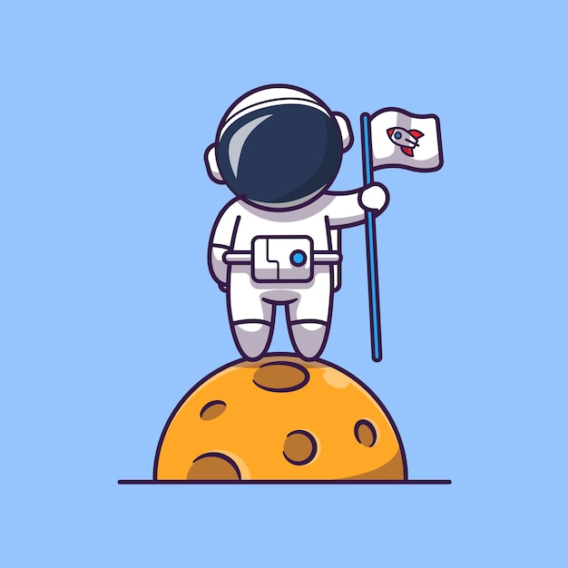 Астронавт с флагом на луне значок иллюстрации. spaceman mascot мультипликационный персонаж. наука иконка концепция изолированные