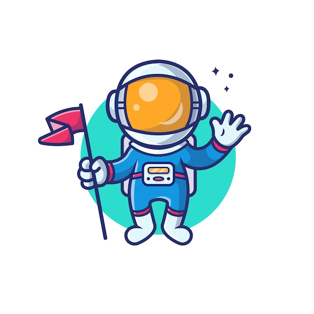 Astronaut With Flag And Stars Illustration. Spaceman Mascot Cartoon Character. Science Isolated