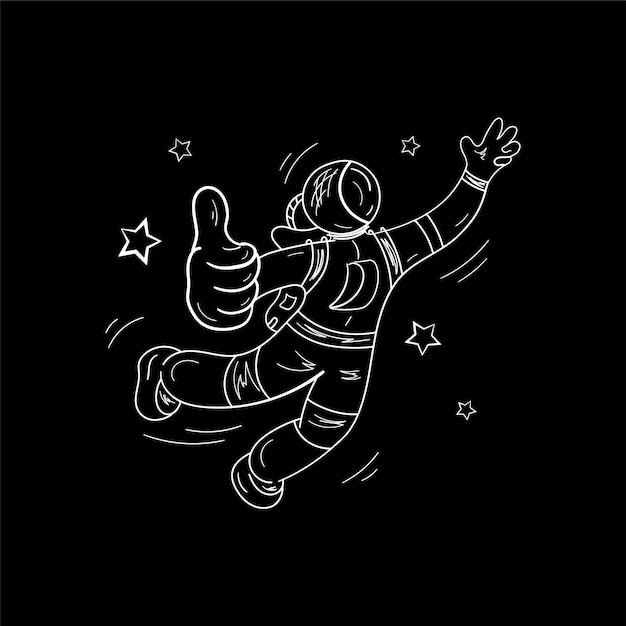 Astronaut with hand class print Cosmonaut White line art in black background Vector illustration