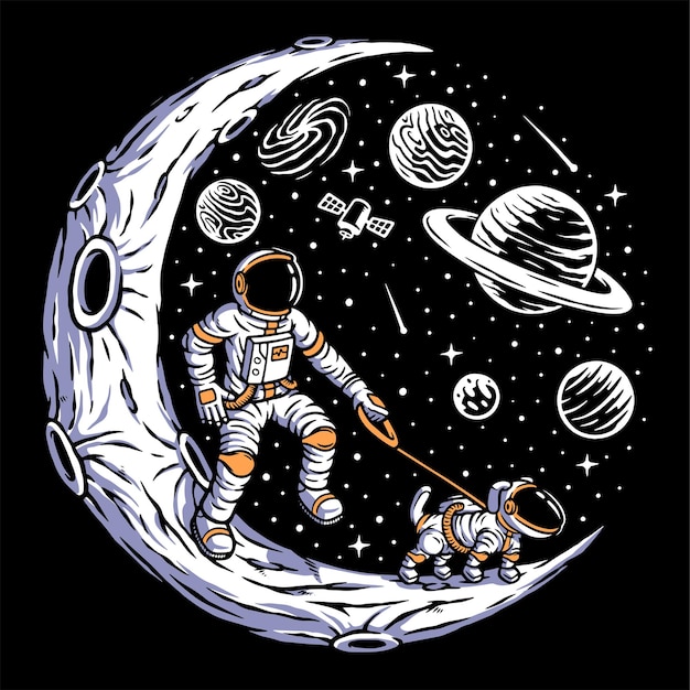 Astronaut with his dog on the moon isolated on black