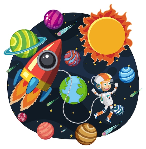 Vector astronaut with planets and rocketship