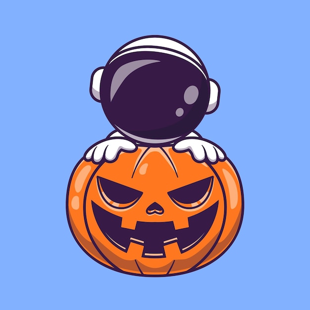 Астронавт с тыквой Хэллоуин мультфильм вектор значок иллюстрации. Концепция праздника науки изолированы Premium векторы. Плоский мультяшном стиле