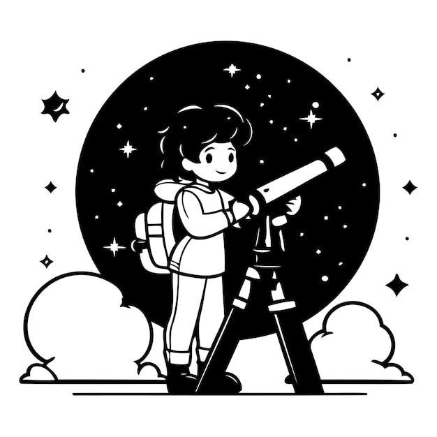 Astronauta con telescopio illustrazione vettoriale in stile cartone animato piatto