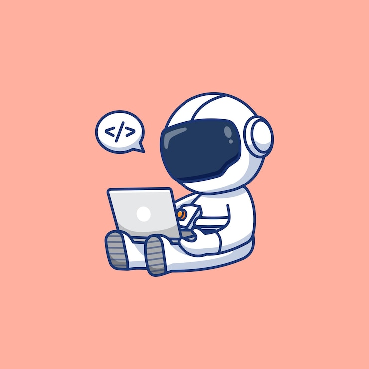 Вектор астронавт работает на ноутбуке вектор плоская иллюстрация мультфильма