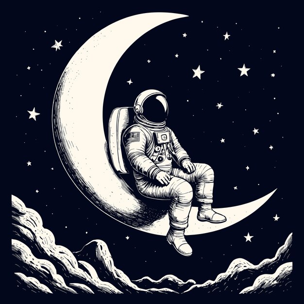 Vector astronaut wrecking on moon illustration wth tshirt design engraved style