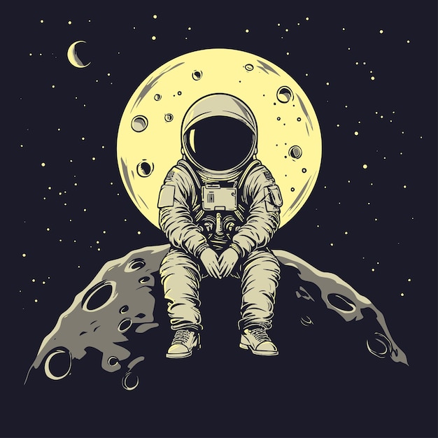 Vector astronaut zit in de maan illustratie met tshirt ontwerp premium vector