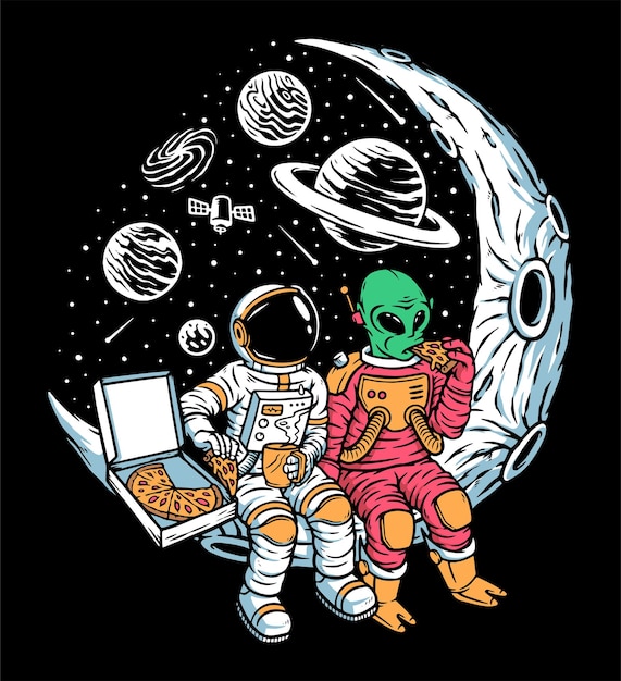 Astronauten en aliens chillen samen op de maanillustratie