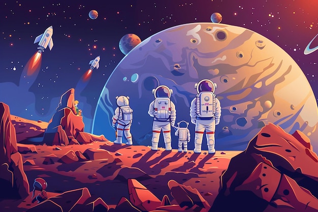 Astronauten en kinderen op Mars Illustratie