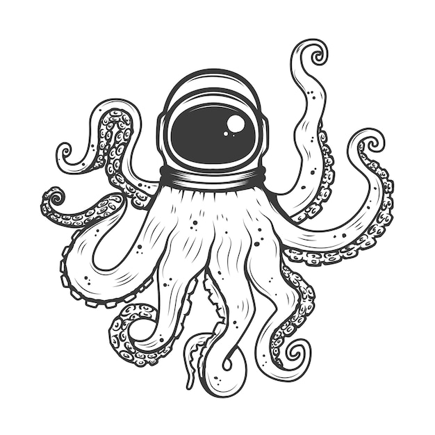 Astronautenhelm met octopustentakels. element voor t-shirt print, poster. illustratie.