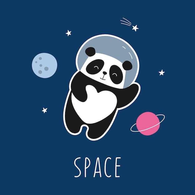 Astronautenpanda, kosmos, melkweg, maan, ruimteavontuur. Cartoon karakter illustratie