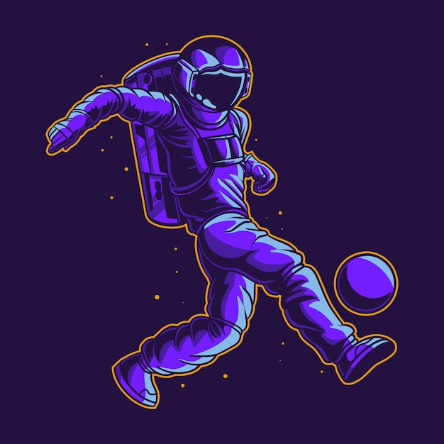 Astronautenvoetbal op ruimte met een bal