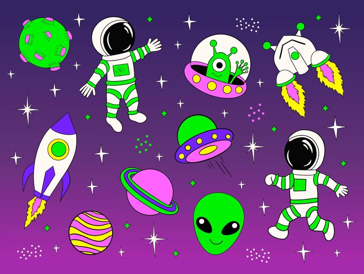 Vector astronauts and alien in space cartoon vector illustration space travel and exploration
