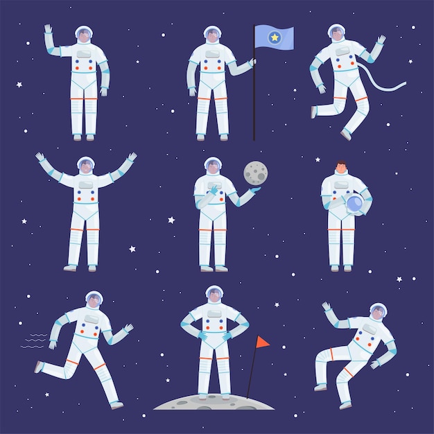 Vector astronauts characters. spaceman people in action poses overall professional clothes suit