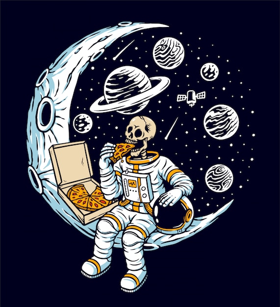 Astronauts eat pizza on the moon illustration