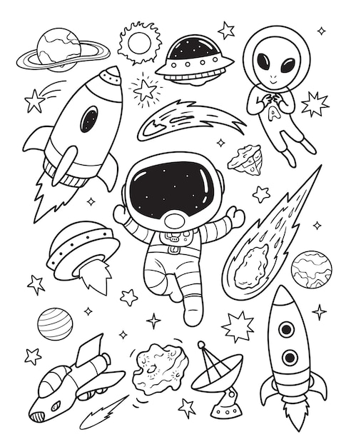 Vector astronauts explore outer space doodle