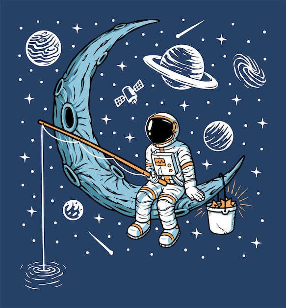 Astronauts fishing on the moon illustration