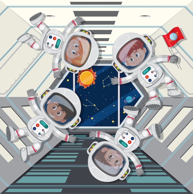 Vector astronauts floating in space ship