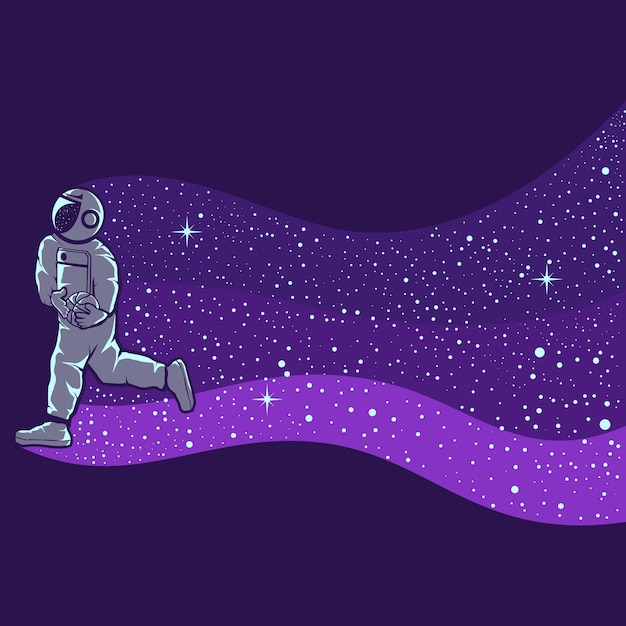 紫色で隔離のバスケットボールをしている宇宙飛行士
