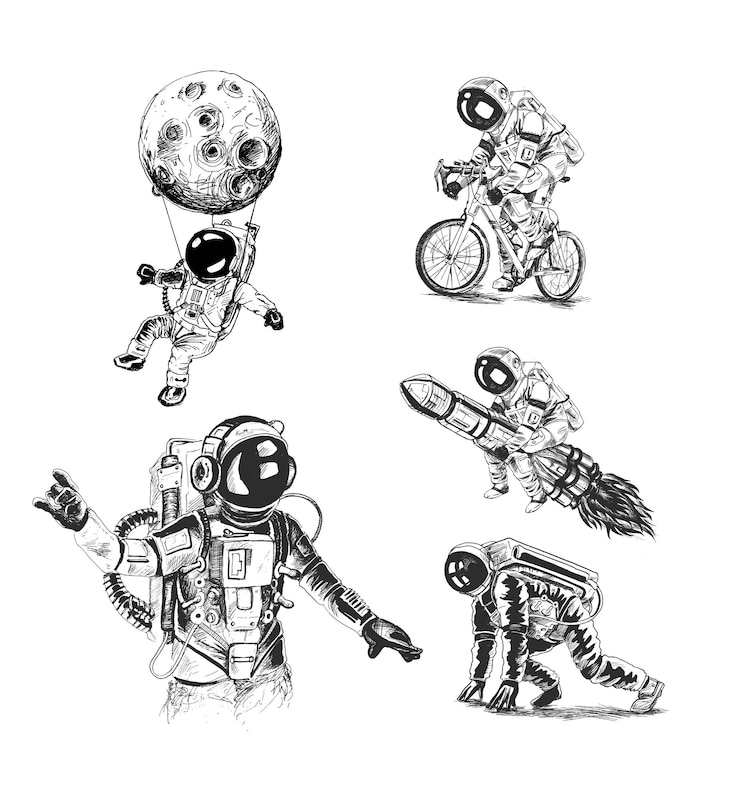 Vector astronauts space mission poster set hand drawn sketch vector illustration