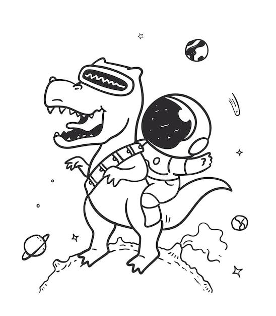 우주 공간에서 우주 비행사와 티라노사우르스
