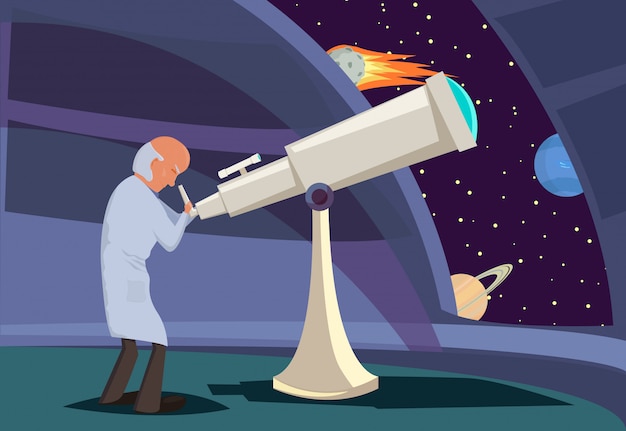 Vector astronomer looking through telescope