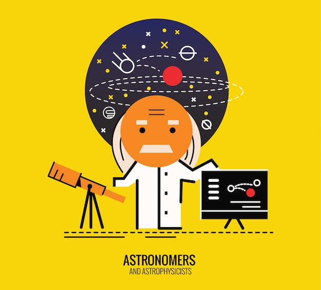 Astronomer with refractor telescope. character thin line flat design. vector illustration