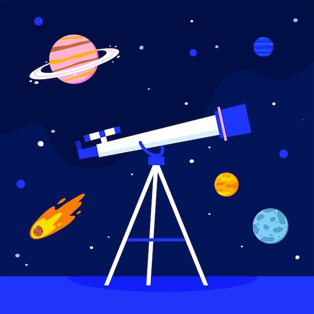 Vector astronomical telescope looks into space space planets stars and comets flat vector illustration