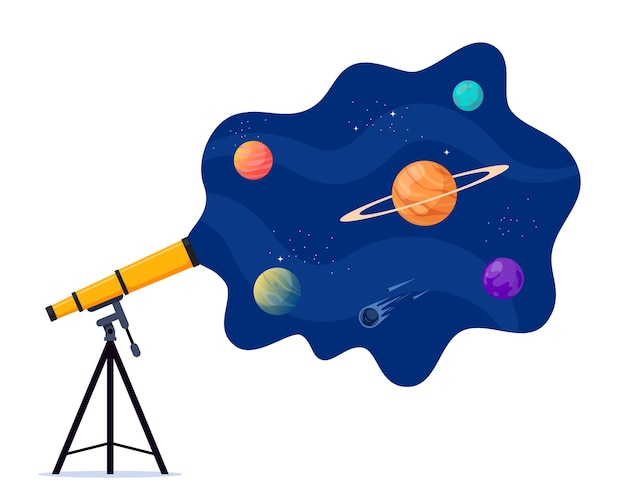 Astronomische telescoop kijkt in de ruimte Ruimteplaneten, sterren en kometen door een telescoopvector
