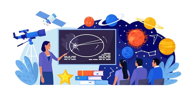 Astronomia osservazione astronomica alunni a lezione di astronomia nel planetario bambini che imparano pianeti universi studenti che studiano la galassia attraverso il telescopio osservano le meteore costellazioni di stelle