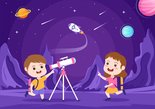 Astronomy Cartoon Illustration with Telescope for Watching Starry Sky, Galaxy and Planets