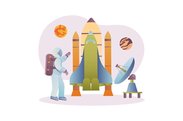 Astronomy concept with people scene in the flat cartoon design Astronaut prepares to launch