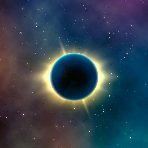 Astronomy effect solar eclipse. Abstract starry galaxy background.  illustration