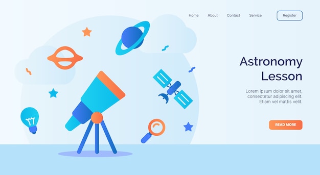 Astronomy lesson telescope satellite space icon campaign for web website home homepage landing template banner with cartoon flat style.