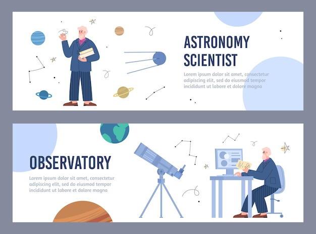 Astronomy researches and observatory web banners flat vector illustration