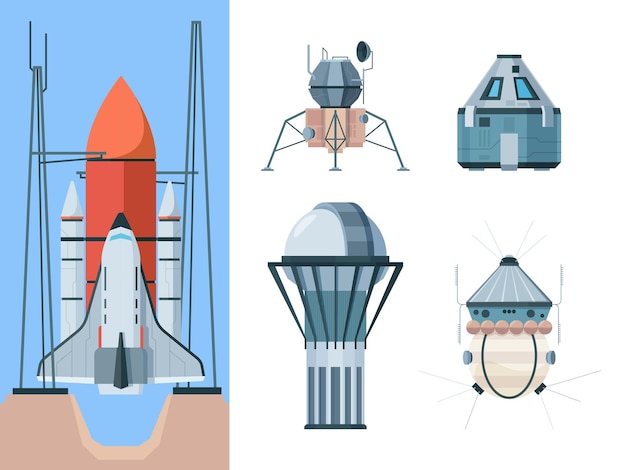 Set di astronomia esplorando l'universo collezione di scienze navetta telescopio planetario edifici astronomici antena radio sgargiante vettore immagini piatte set