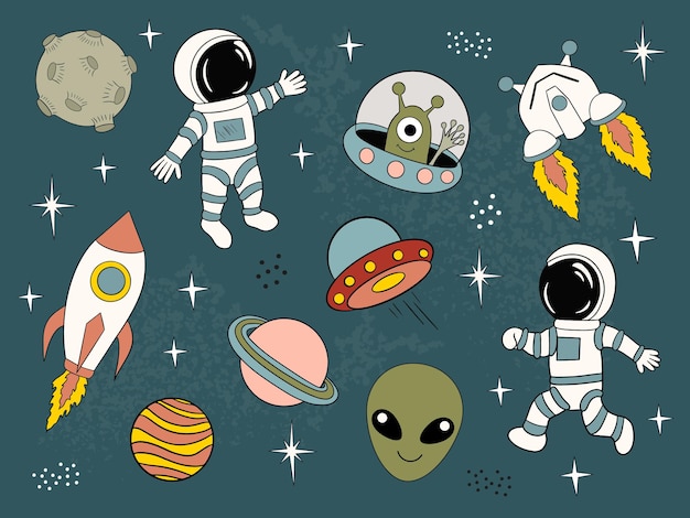 Astronomy space rocket retro cartoon vector set