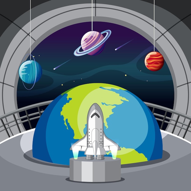 Vector astronomy theme with earth and spaceship