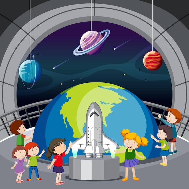 Astronomy theme with many children in museum