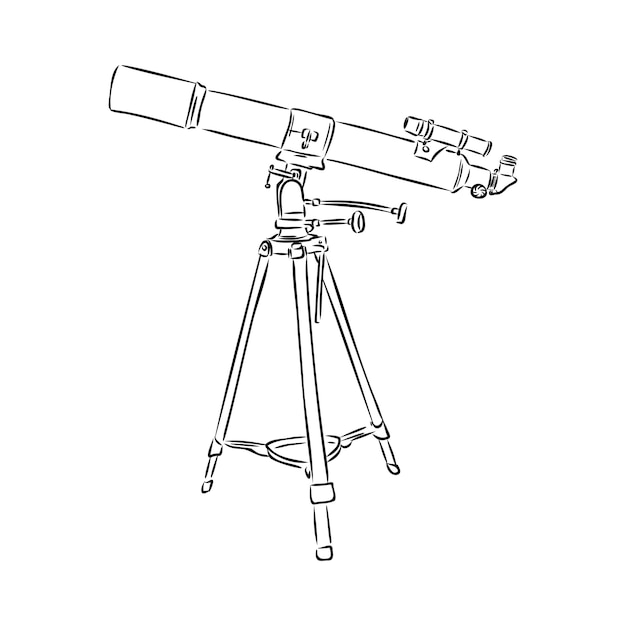 Astronoom apparatuur telescoop monochroom Vector. Staande telescoop voor het verkennen en observeren van melkweg en kosmos. Discovery optisch apparaat ontworpen in retro-stijl zwart-wit afbeelding telescoop