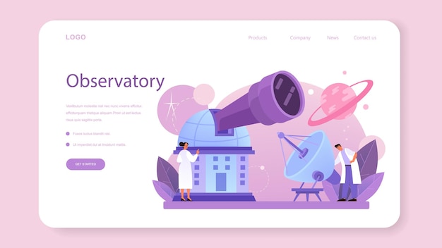Astronoom webbanner of bestemmingspagina. professionele wetenschapper die door een telescoop naar de sterren in het observatorium kijkt. astronomisch onderzoek. astrofysicus studie sterren kaart. platte vectorillustratie